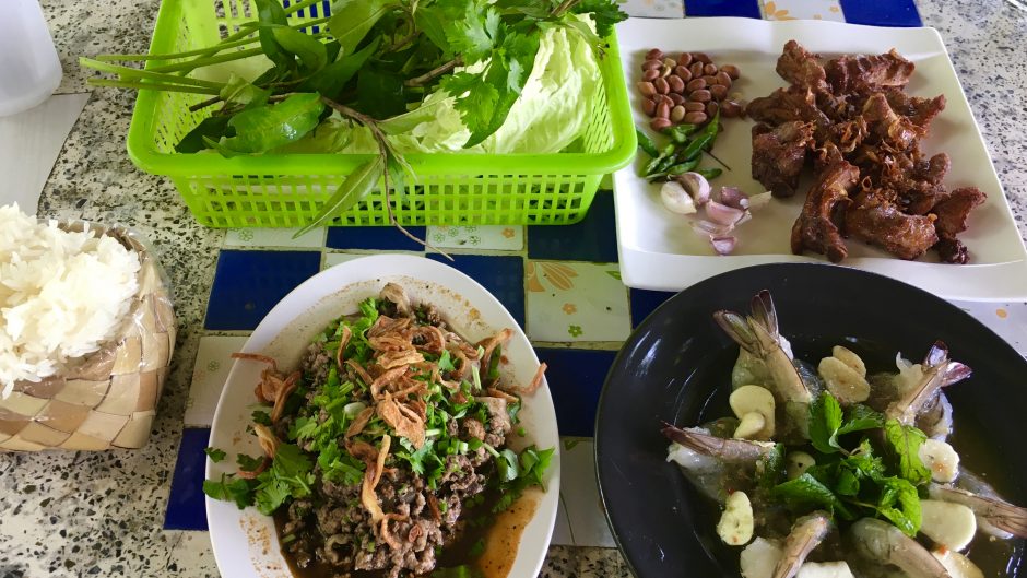Pork laab, sour ribs, and raw shrimp with garlic at Laab Rim Na Restaurant - Pa Pong, Doi Saket